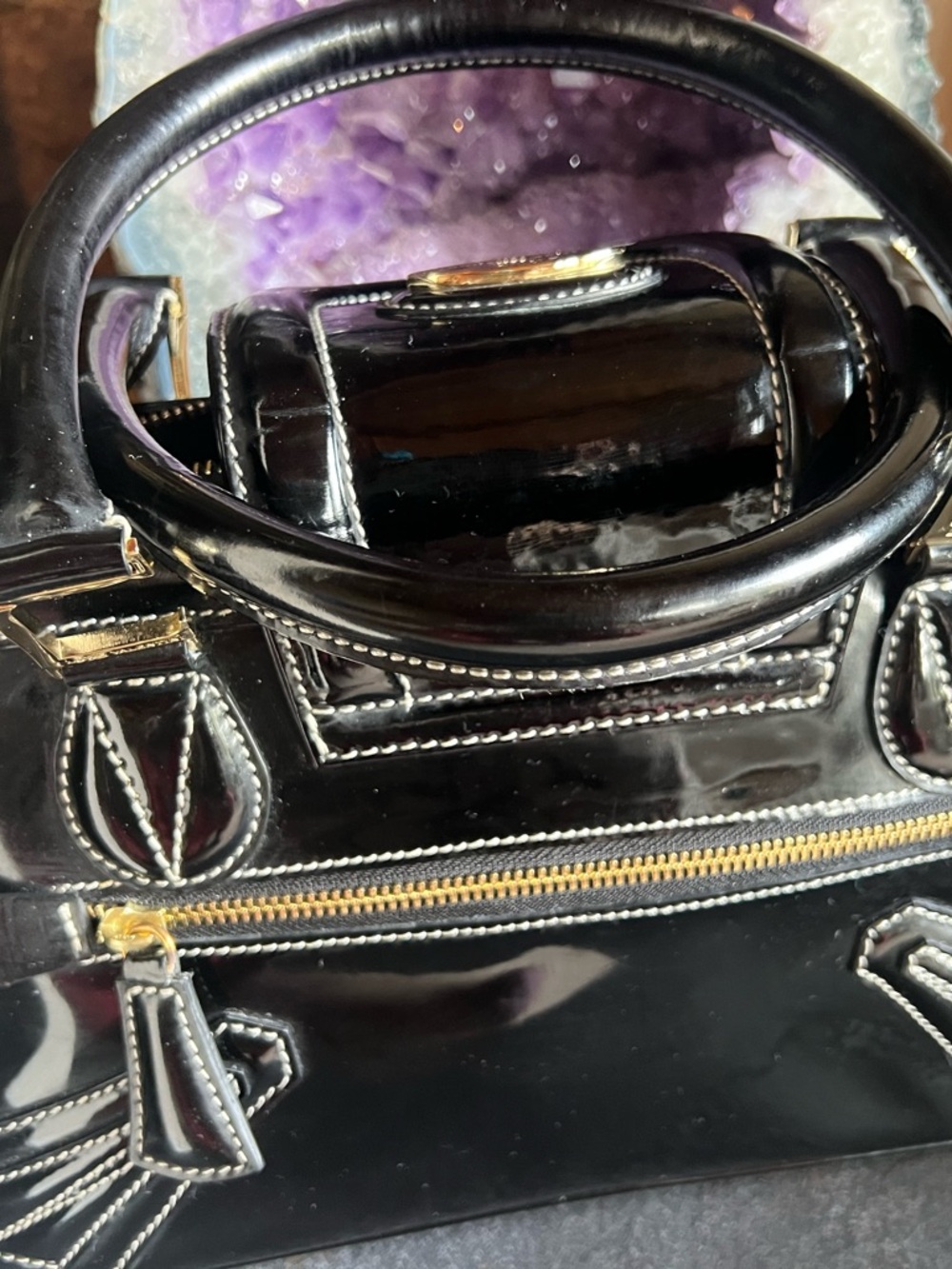 Black Patent Women's Satchel Bag with Gold Hardware - Picture 4 of 15
